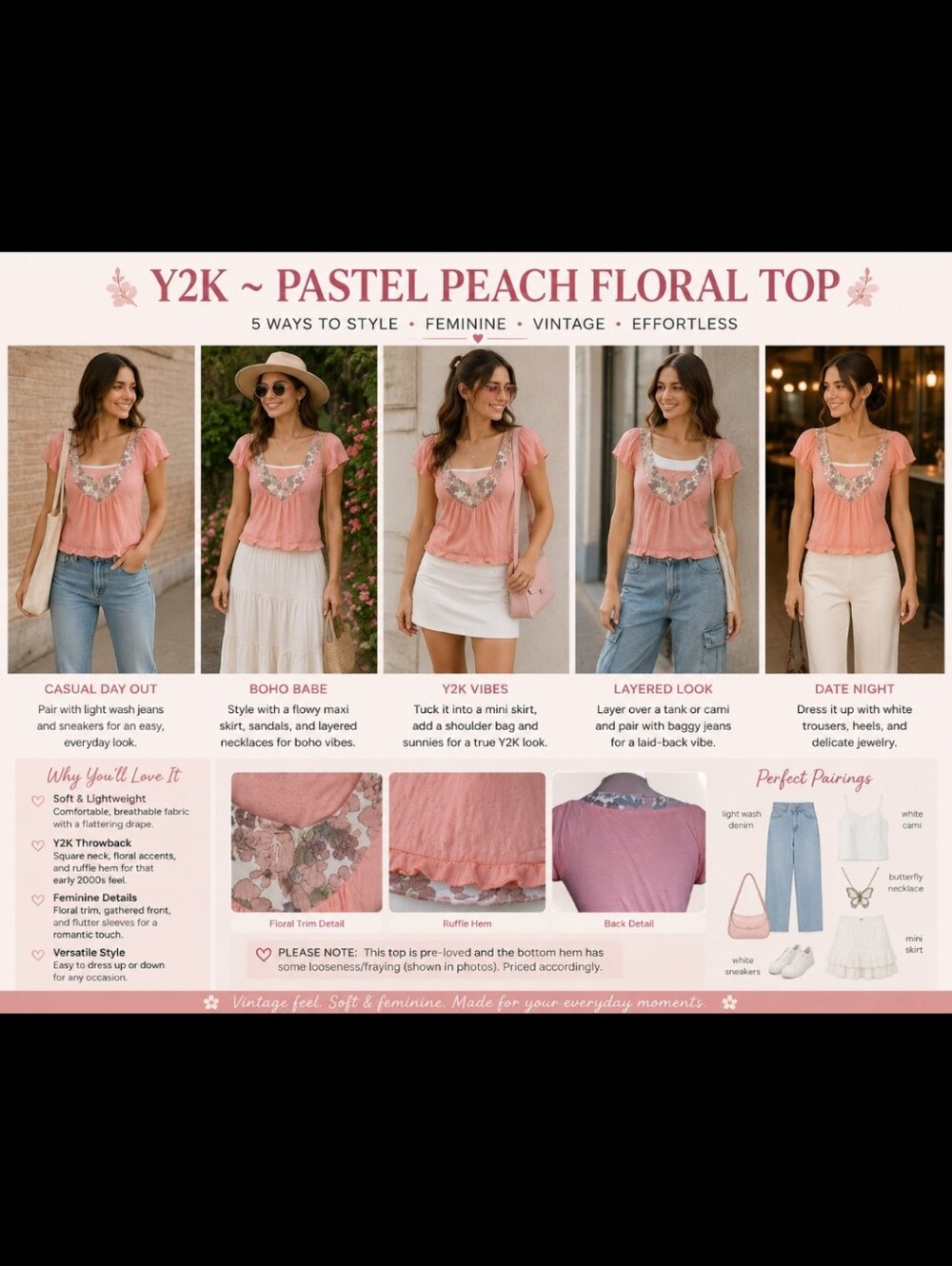 Y2K Pastel Peach Floral Trim Baby Tee | Fairycore Coquette Top S